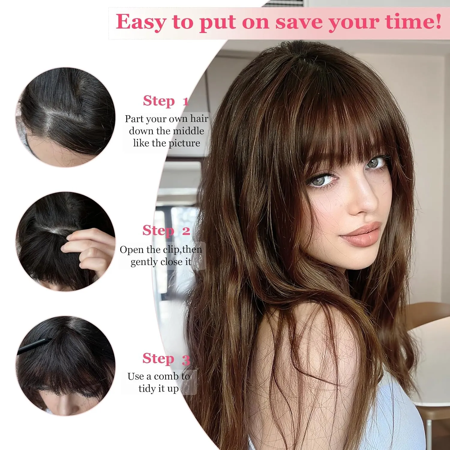 Clip on Bangs for Women 100% Real Human Hair Extensions Fake Natural Front Hairpieces Invisible Faux Clips in Curtain Wispy Bang with Temples for Womens Girls Party Daily Use Golden Copper