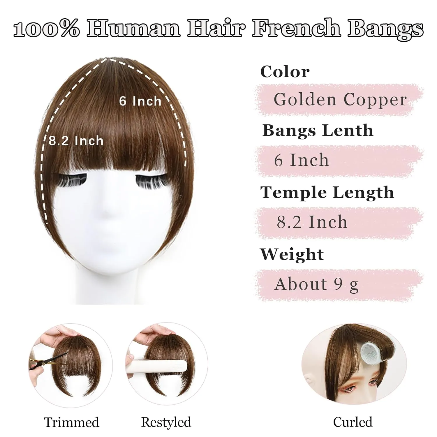 Clip on Bangs for Women 100% Real Human Hair Extensions Fake Natural Front Hairpieces Invisible Faux Clips in Curtain Wispy Bang with Temples for Womens Girls Party Daily Use Golden Copper