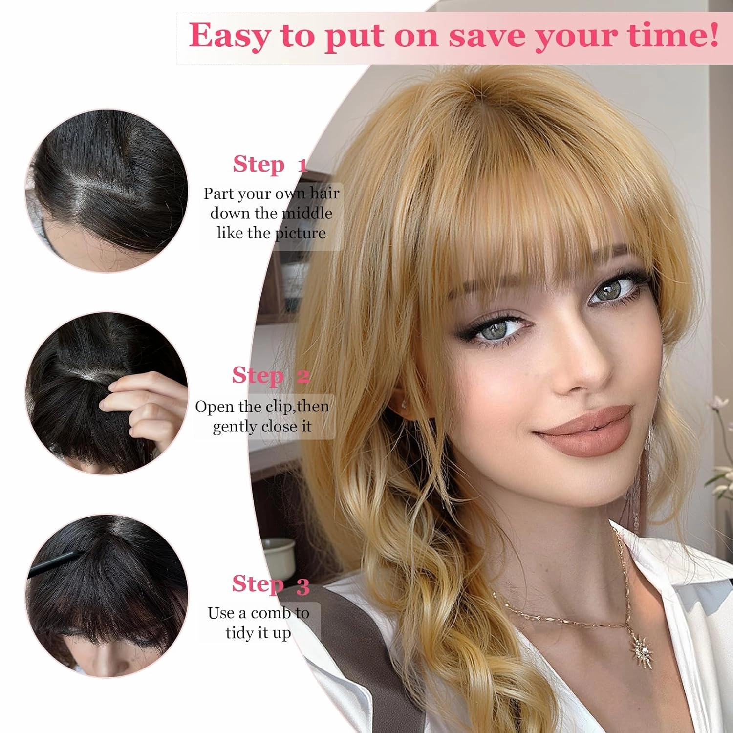 Clip in Bangs 100% Human Hair Extensions Light-weight Fake Curtain French Clip-on Bang with Temples Faux Invisible Natural Front Clips on Hairpeces for Women Party Daily Use Blonde Mix Copper