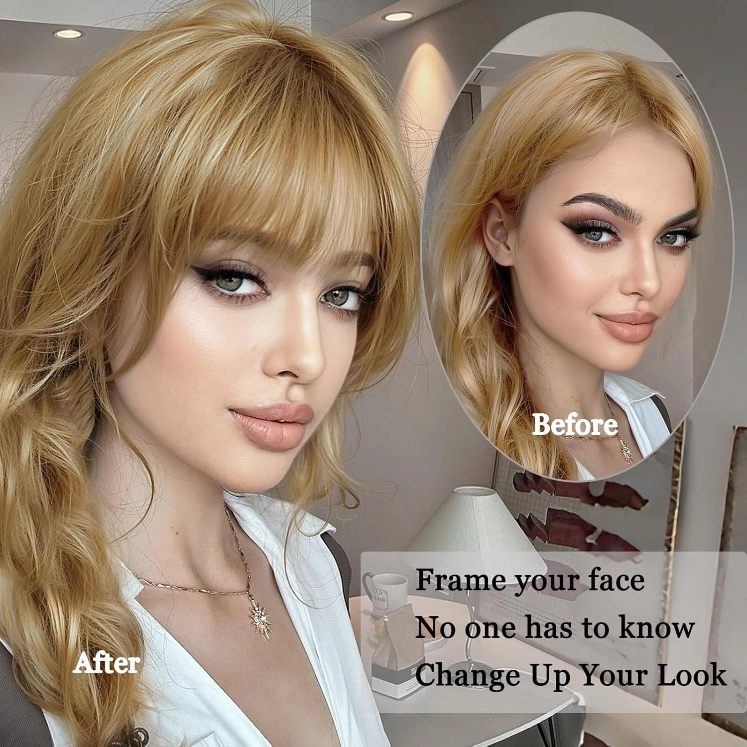 Clip in Bangs 100% Human Hair Extensions Light-weight Fake Curtain French Clip-on Bang with Temples Faux Invisible Natural Front Clips on Hairpeces for Women Party Daily Use Blonde Mix Copper