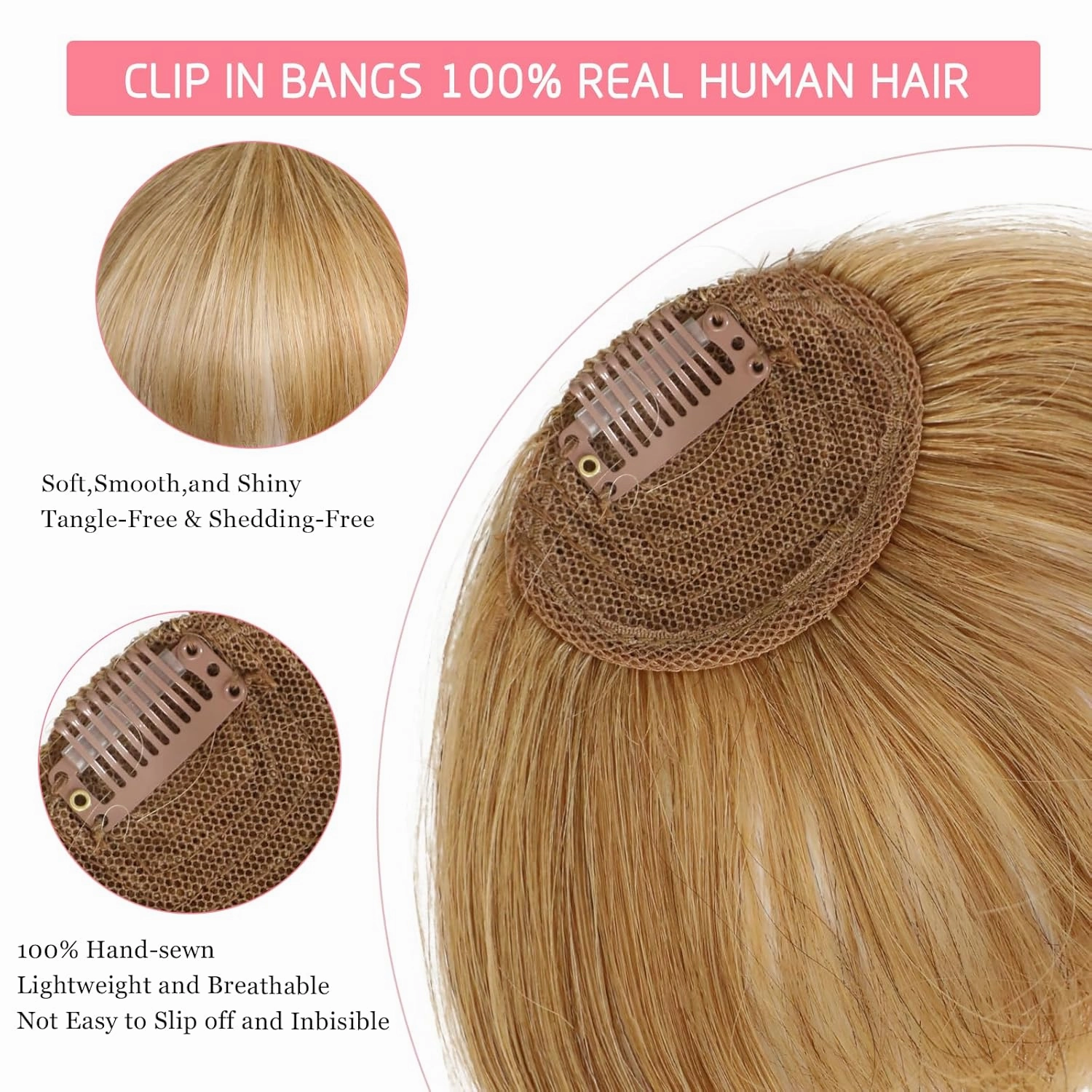 Clip in Bangs 100% Human Hair Extensions Light-weight Fake Curtain French Clip-on Bang with Temples Faux Invisible Natural Front Clips on Hairpeces for Women Party Daily Use Blonde Mix Copper