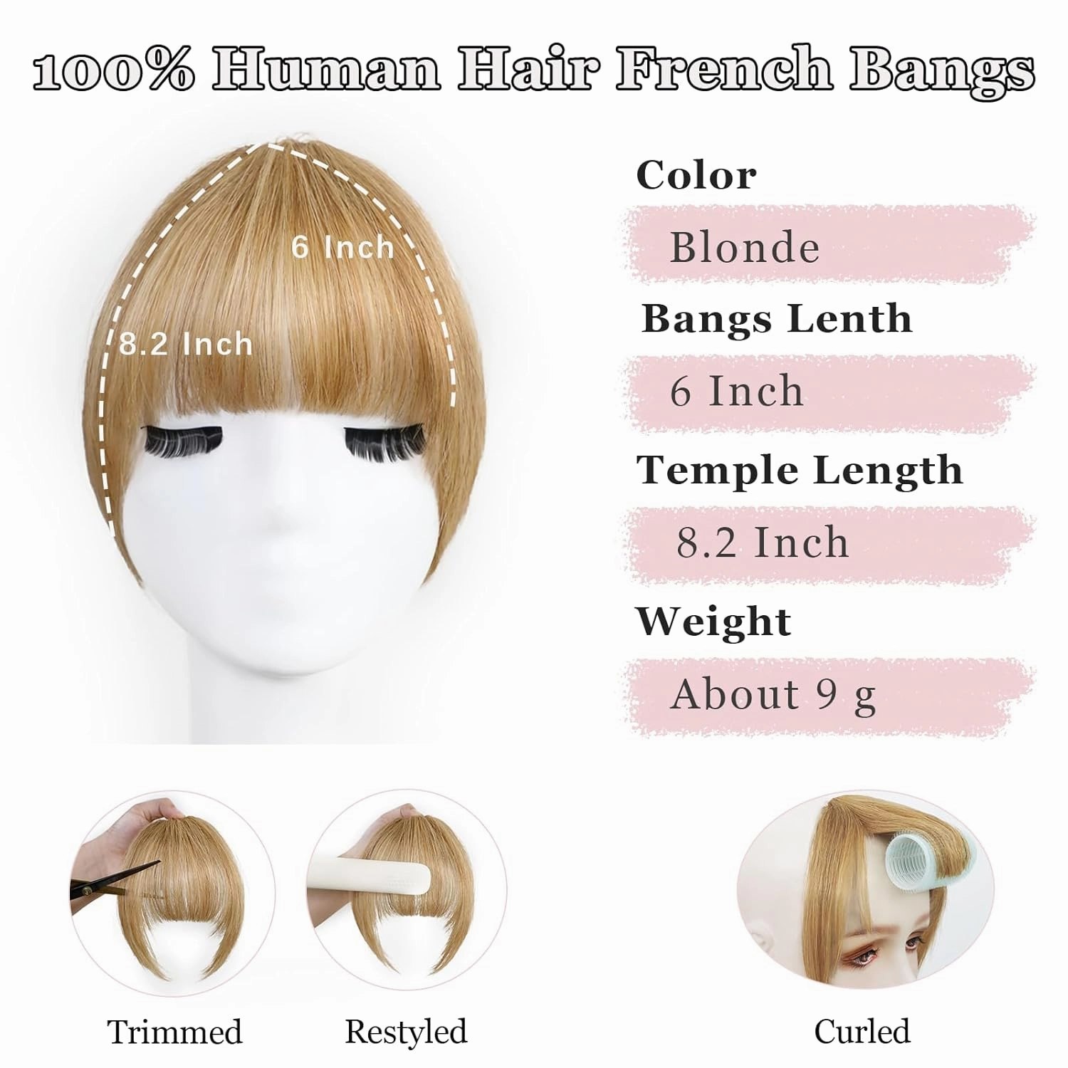 Clip in Bangs 100% Human Hair Extensions Light-weight Fake Curtain French Clip-on Bang with Temples Faux Invisible Natural Front Clips on Hairpeces for Women Party Daily Use Blonde Mix Copper