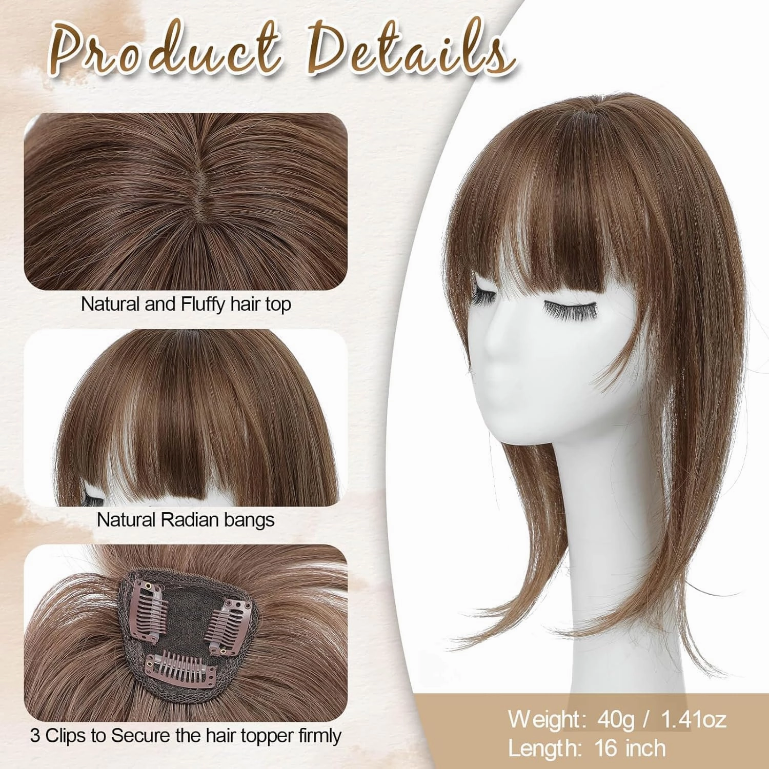 Clip in Bangs, 360° Cover Bangs Hair Clip 16 inch Brown Fake Bangs Hair Clip in Hair Extensions, Clip on Bangs for Women Clip in Hairpieces for Daily Wear