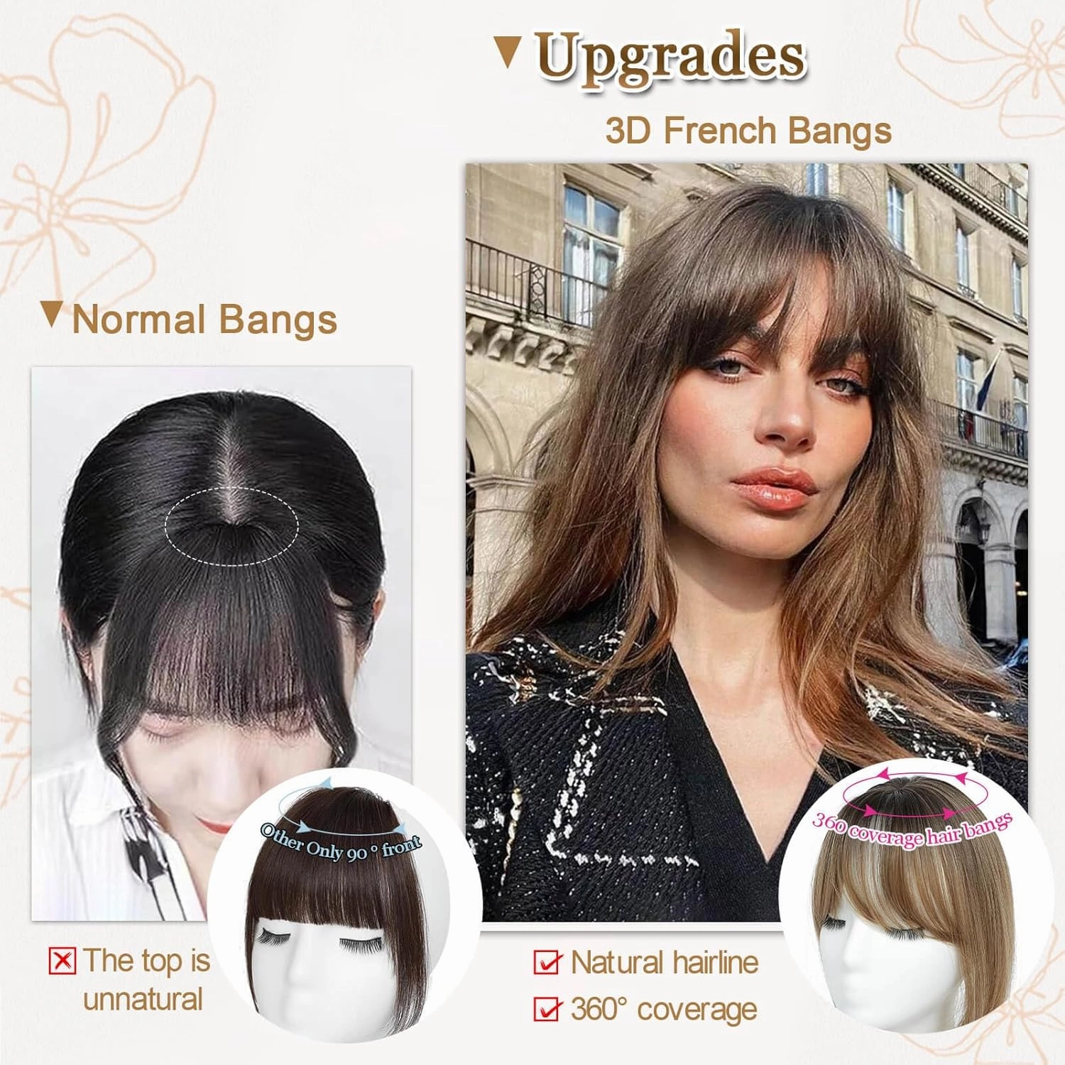 Clip in Bangs, 360° Cover Bangs Hair Clip 16 inch Brown Fake Bangs Hair Clip in Hair Extensions, Clip on Bangs for Women Clip in Hairpieces for Daily Wear