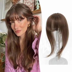 Clip in Bangs, 360° Cover Bangs Hair Clip 16 inch Brown Fake Bangs Hair Clip in Hair Extensions, Clip on Bangs for Women Clip in Hairpieces for Daily Wear
