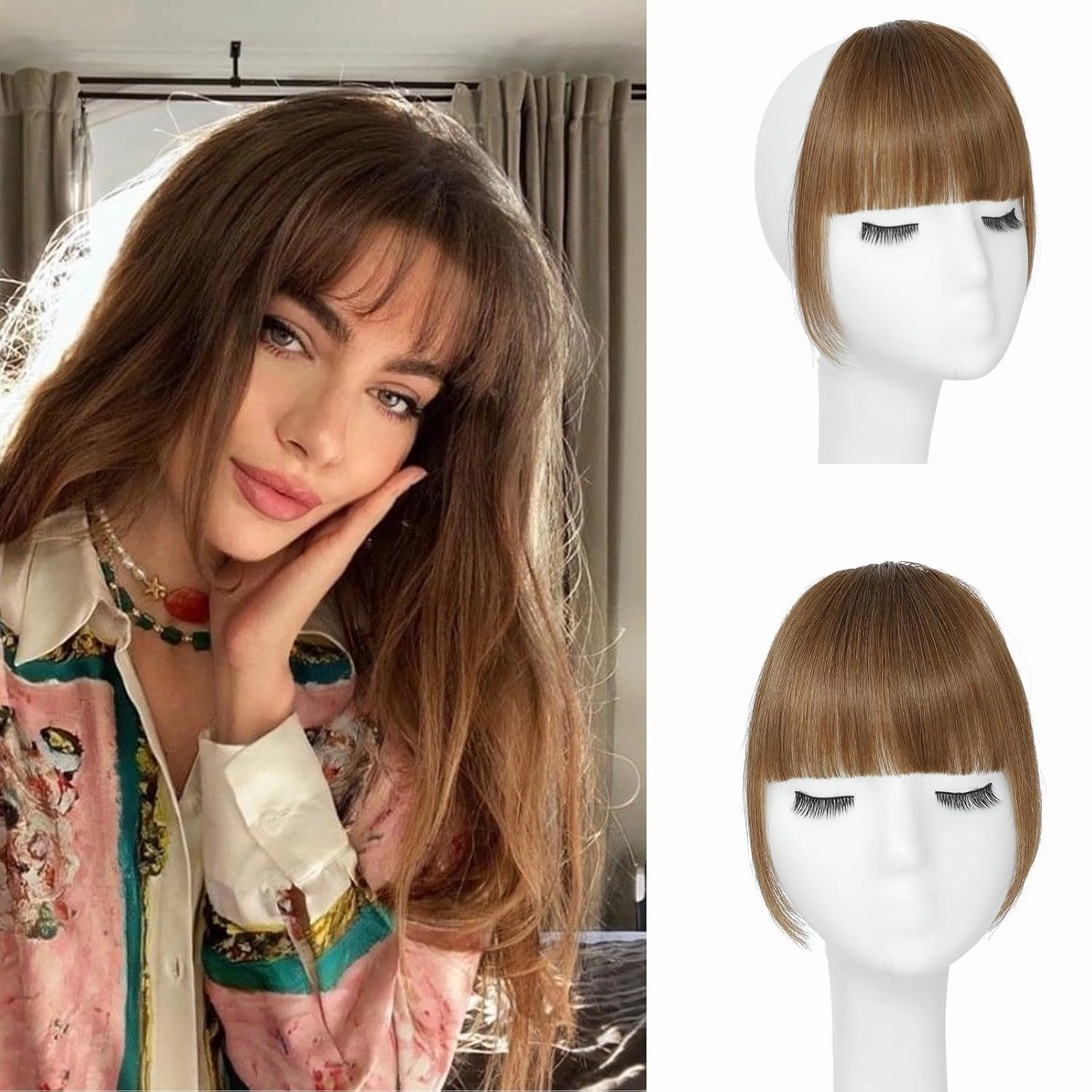 Clip In Bangs-Fake Bangs Hair Clip Light Brown Clip On Bangs Real Human Hair Curtain Bangs For Women Clips French Bangs Hair Extensions Fringe With Temples Hairpieces Curved Bangs For Daily Wear