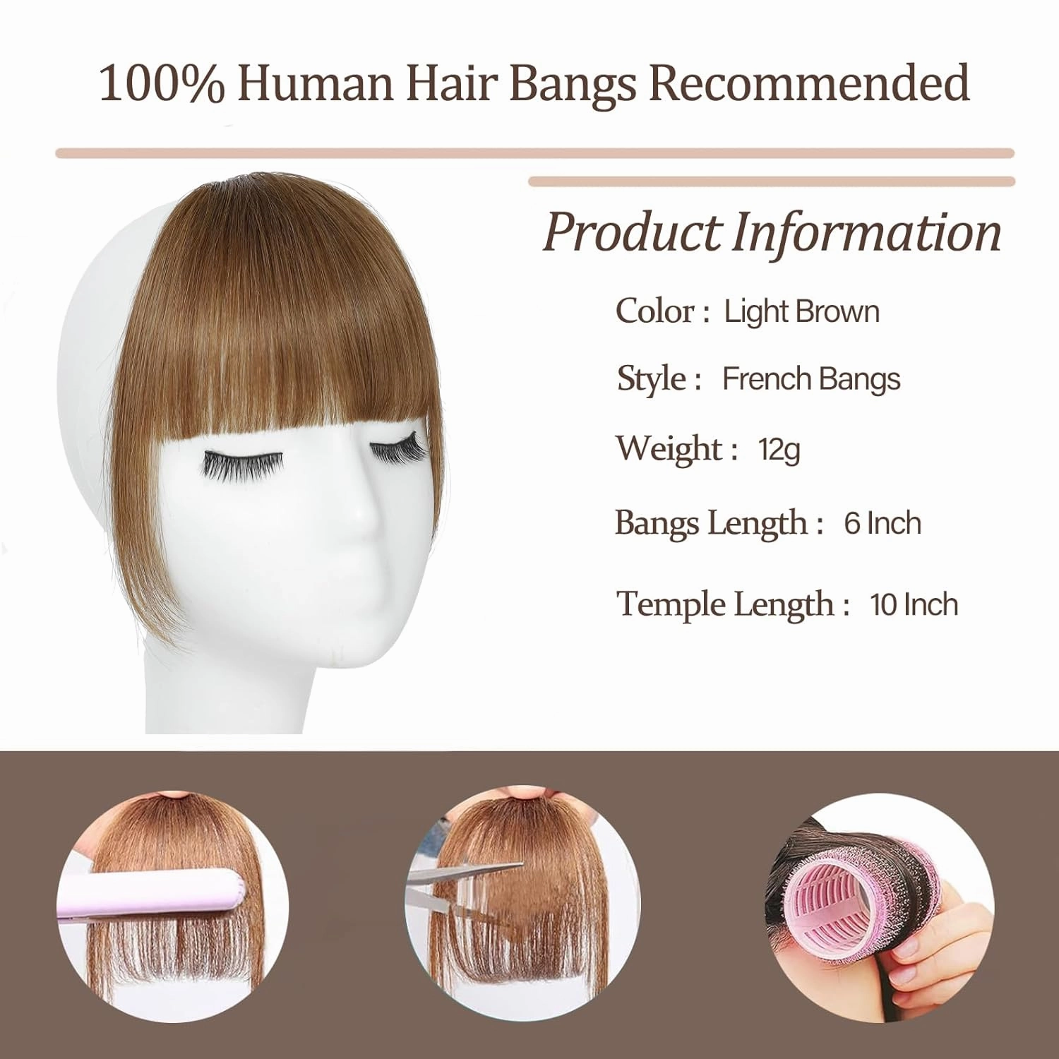 Clip In Bangs-Fake Bangs Hair Clip Light Brown Clip On Bangs Real Human Hair Curtain Bangs For Women Clips French Bangs Hair Extensions Fringe With Temples Hairpieces Curved Bangs For Daily Wear