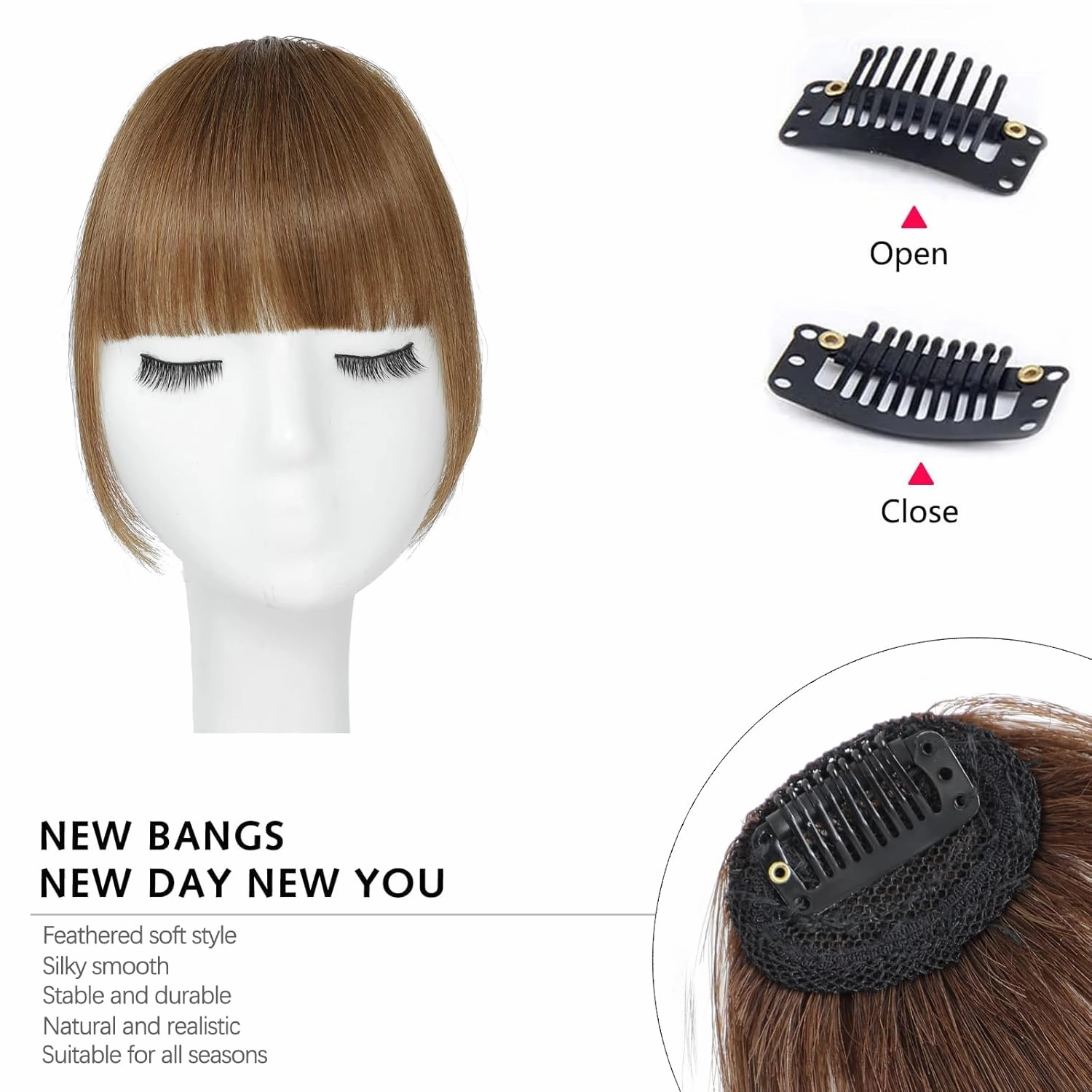 Clip In Bangs-Fake Bangs Hair Clip Light Brown Clip On Bangs Real Human Hair Curtain Bangs For Women Clips French Bangs Hair Extensions Fringe With Temples Hairpieces Curved Bangs For Daily Wear