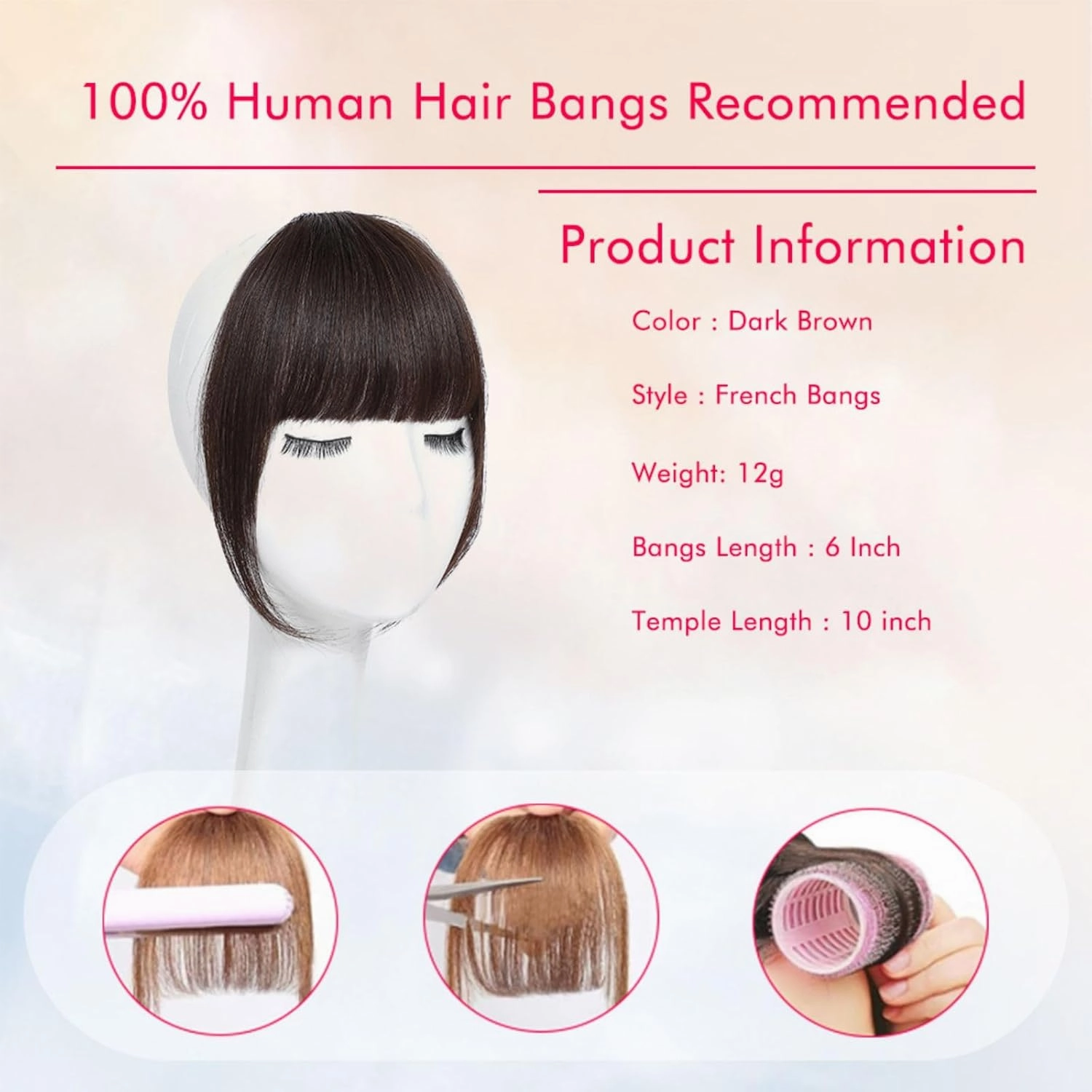 Clip in Bangs Real Human Hair Dark Brown 100% Human Hair French Bangs Fake Bangs Hair Clip on bangs for women Fringe with Temples Hairpieces Curved Bangs for Daily Wear