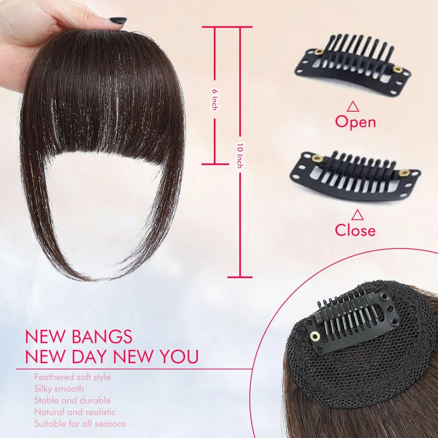 Clip in Bangs Real Human Hair Dark Brown 100% Human Hair French Bangs Fake Bangs Hair Clip on bangs for women Fringe with Temples Hairpieces Curved Bangs for Daily Wear