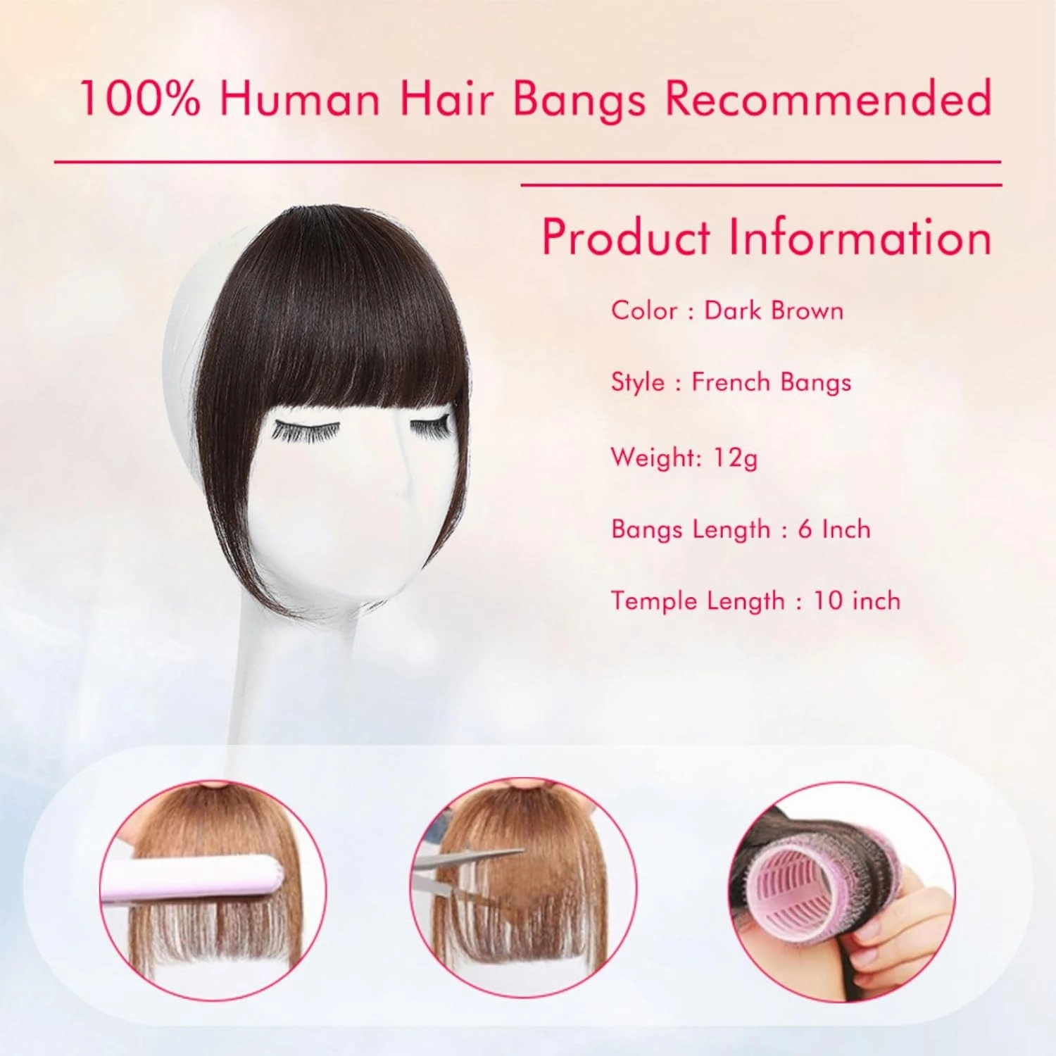 Clip in Bangs Real Human Hair Dark Brown 100% Human Hair French Bangs Fake Bangs Hair Clip on bangs for women Fringe with Temples Hairpieces Curved Bangs for Daily Wear