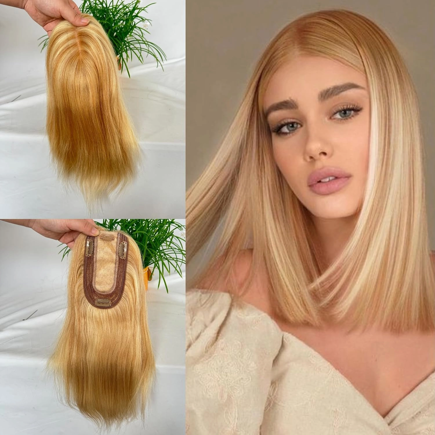 Clip-in Hair Toppers - Real Human Hair Pieces, Silk Base, Skin Wig, 12 Inch (#27 Piano #613, 3x5inch)