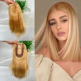 Clip-in Hair Toppers - Real Human Hair Pieces, Silk Base, Skin Wig, 12 Inch (#27 Piano #613, 3x5inch)