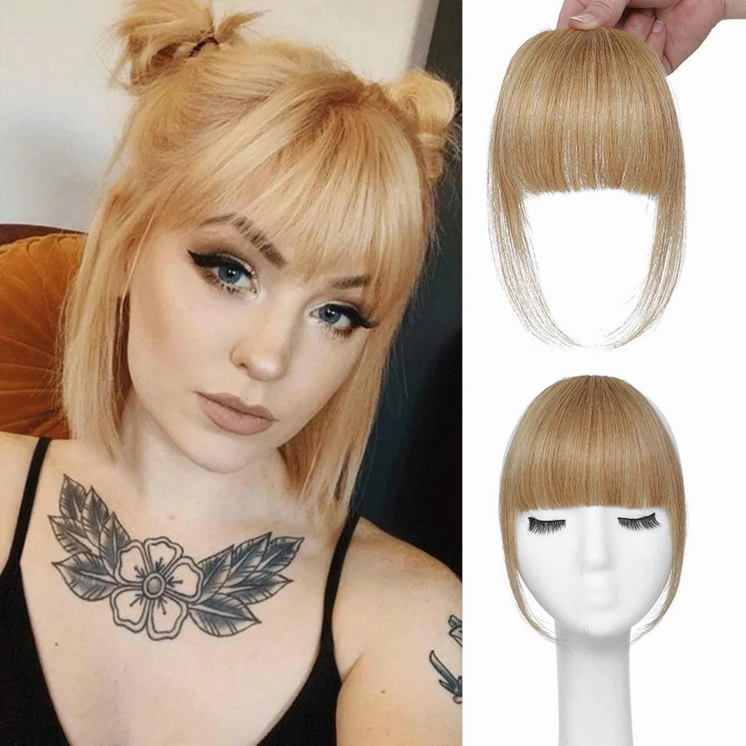 Clip on Bangs Real Human Hair French Bangs Honey Blonde 100% Human Hair Fringe with Temples for Daily Wear