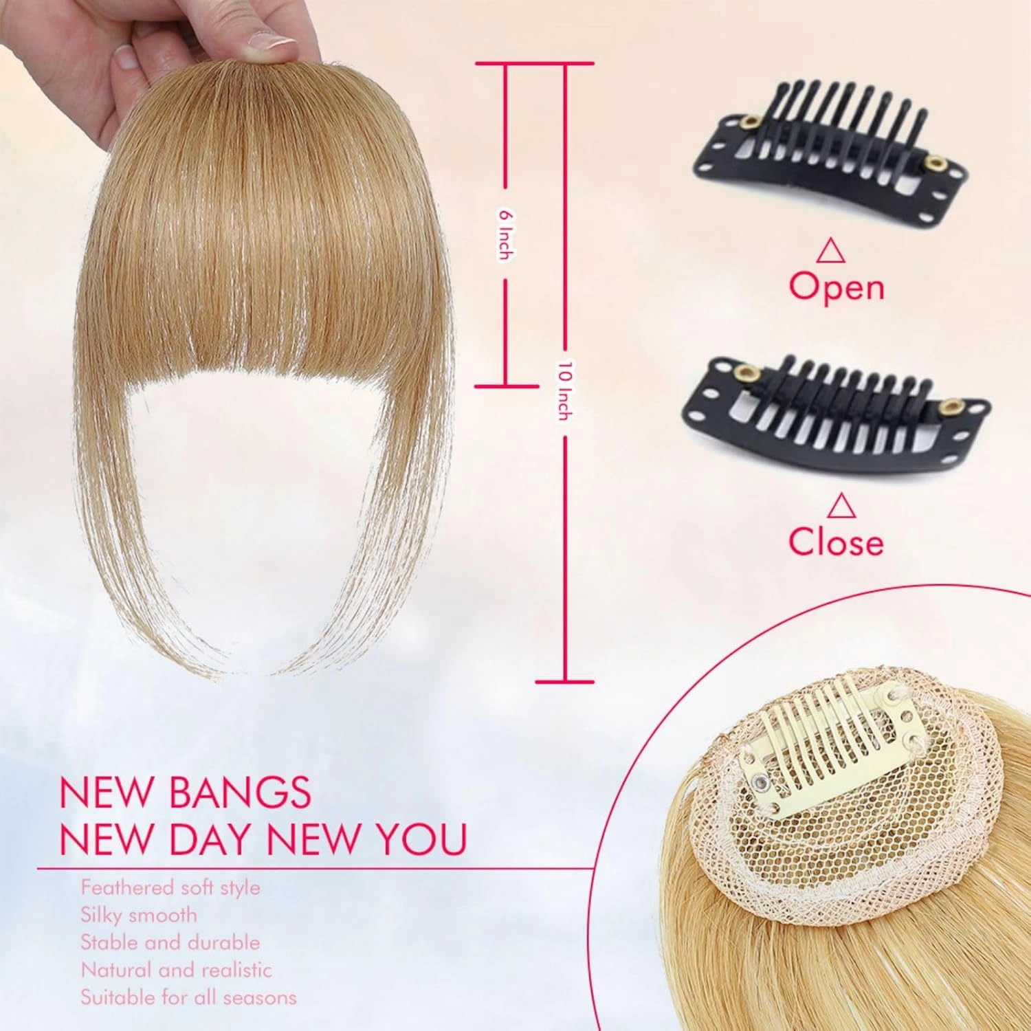 Clip on Bangs Real Human Hair French Bangs Honey Blonde 100% Human Hair Fringe with Temples for Daily Wear