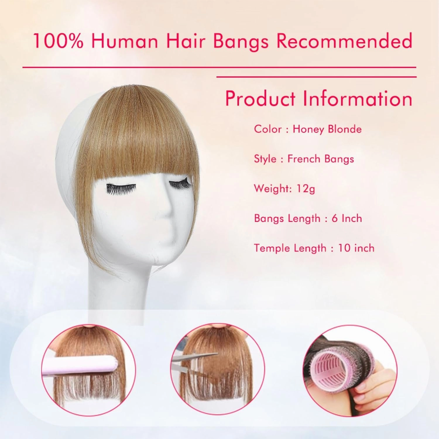 Clip on Bangs Real Human Hair French Bangs Honey Blonde 100% Human Hair Fringe with Temples for Daily Wear