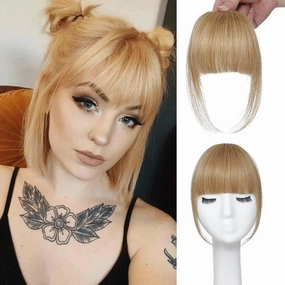 Clip on Bangs Real Human Hair French Bangs Honey Blonde 100% Human Hair Fringe with Temples for Daily Wear