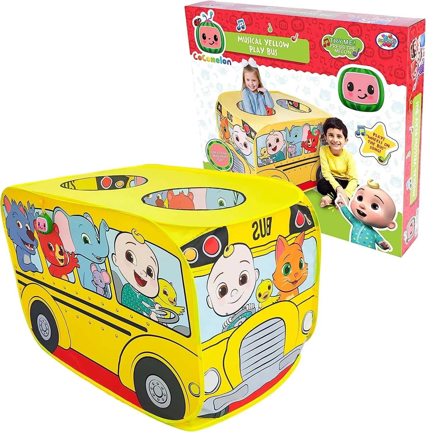 Cocomelon Musical Yellow School Bus Pop Up Tent, Pretend Toy Playhouse, Indoor and Outdoor Fun, Ages 2 