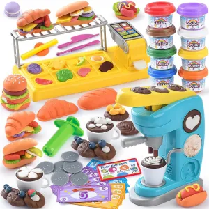 Color Dough Sets for Kids 2-4 4-8, Play Kitchen Creation Cafe Dough Toy Sets, Color Dough Tools, Coffee Maker Set Dough, Arts and Crafts Clay for Girls Boys, 8 Cans of Modeling Compound