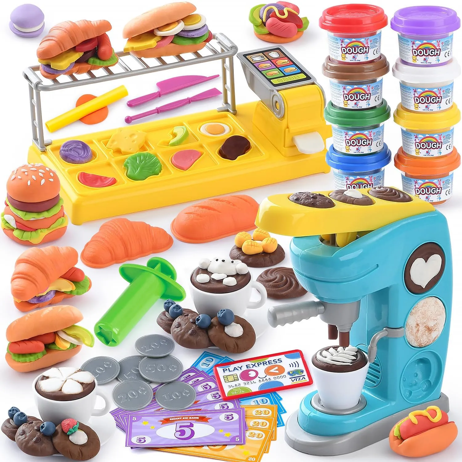 Color Dough Sets for Kids 2-4 4-8, Play Kitchen Creation Cafe Dough Toy Sets, Color Dough Tools, Coffee Maker Set Dough, Arts and Crafts Clay for Girls Boys, 8 Cans of Modeling Compound
