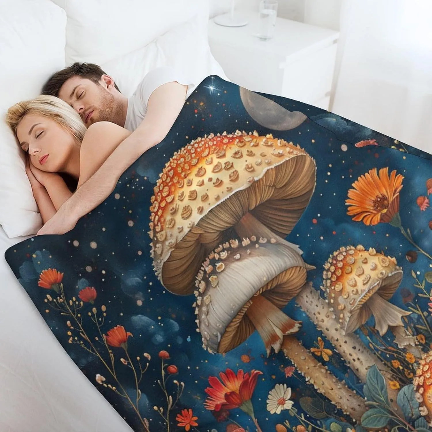 Colorful Floral Forest Blanket, Soft Fuzzy Flannel Mushroom Star Sky Fantasy Throw Blanket for Sofa Couch Bed, Picnic, 50x70 Inch