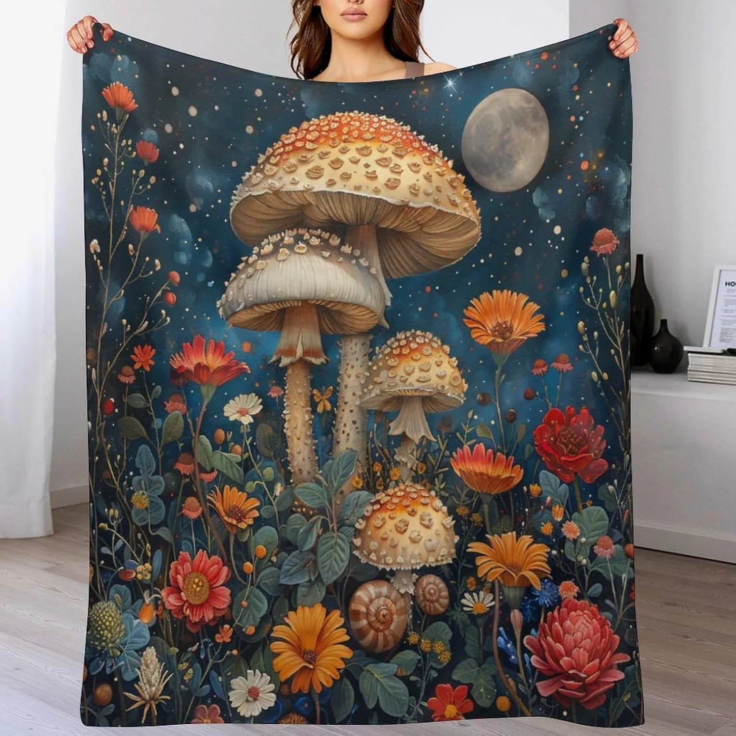Colorful Floral Forest Blanket, Soft Fuzzy Flannel Mushroom Star Sky Fantasy Throw Blanket for Sofa Couch Bed, Picnic, 50x70 Inch