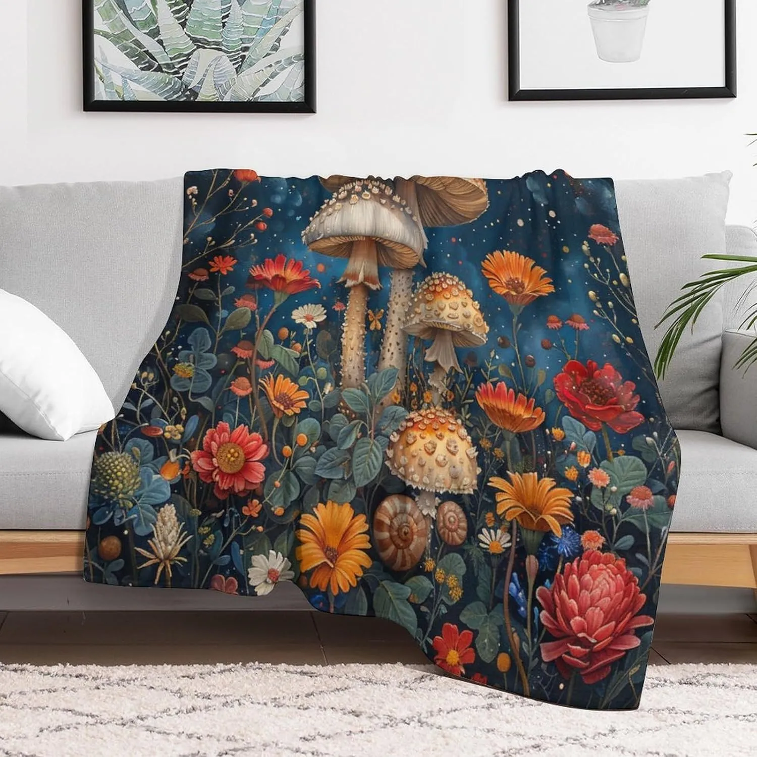 Colorful Floral Forest Blanket, Soft Fuzzy Flannel Mushroom Star Sky Fantasy Throw Blanket for Sofa Couch Bed, Picnic, 50x70 Inch