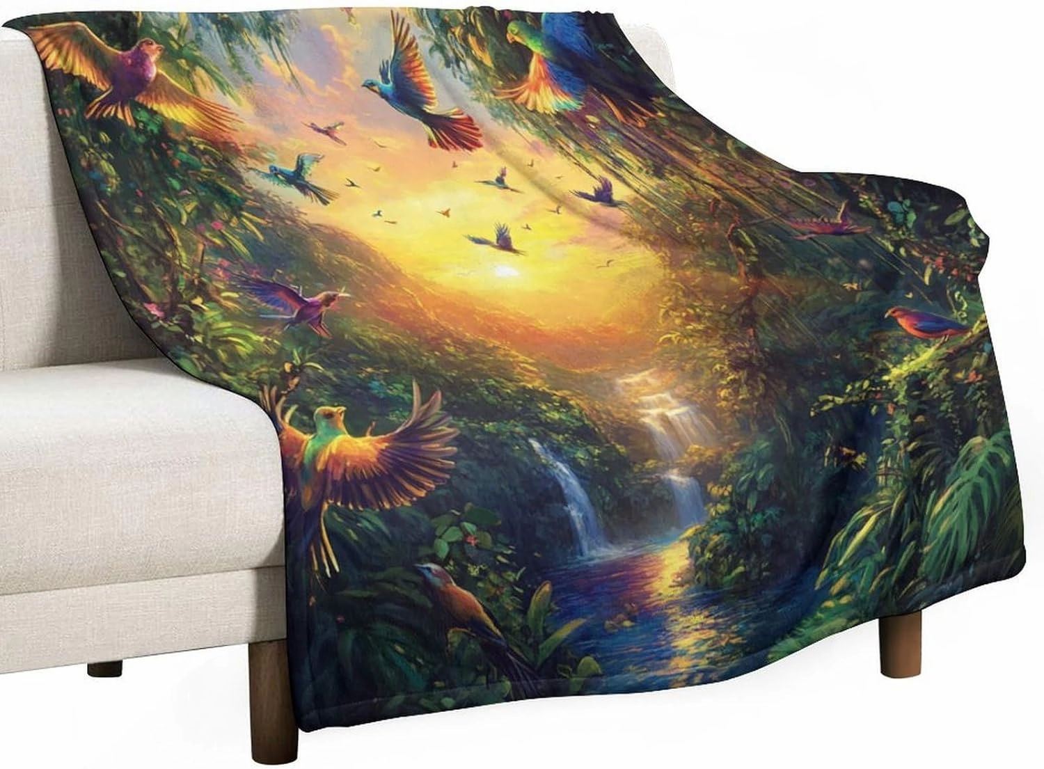 Colorful Parrot Bird Throw Blanket, Soft Cozy Warm Sunset Tropical Jungle Stream Flannel Blankets for Sofa Couch Bed, 60x80 Inch