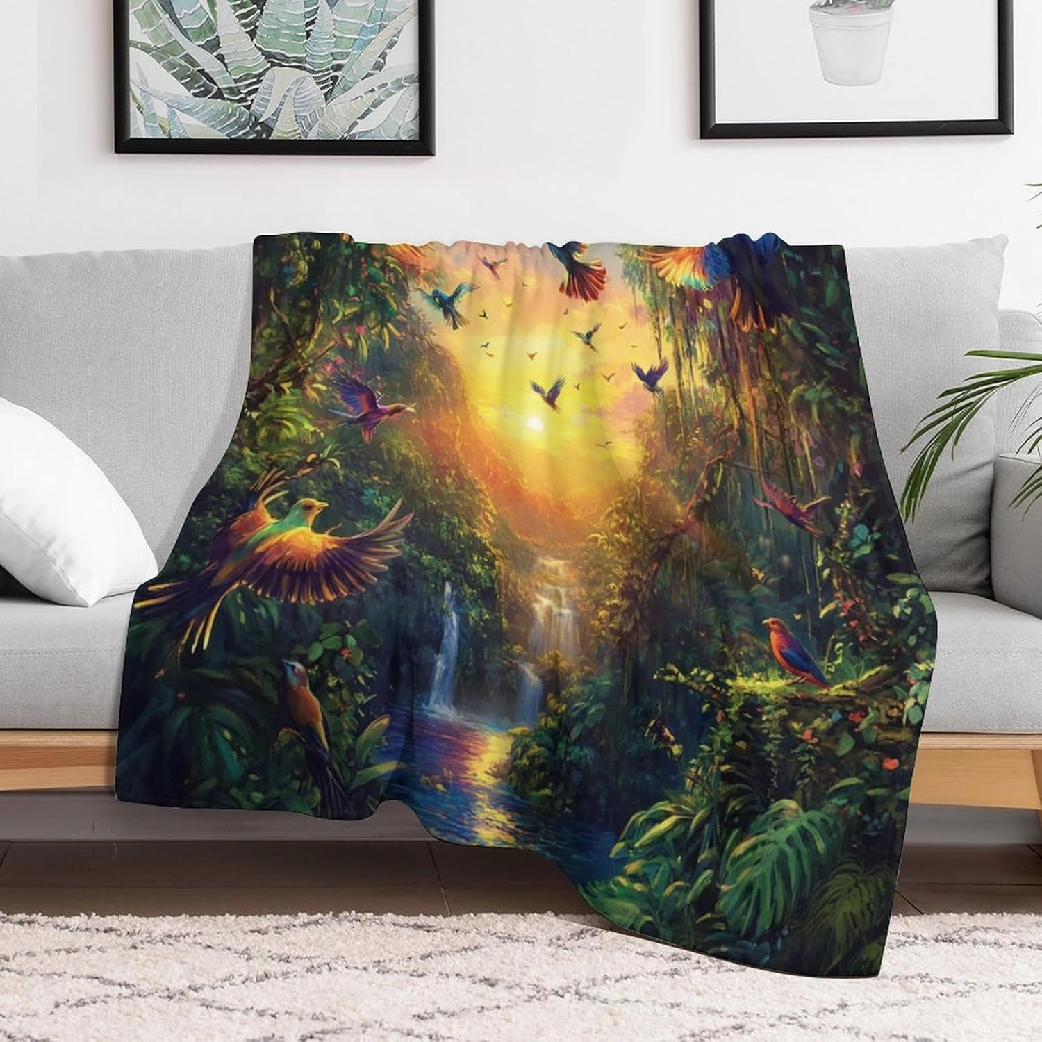 Colorful Parrot Bird Throw Blanket, Soft Cozy Warm Sunset Tropical Jungle Stream Flannel Blankets for Sofa Couch Bed, 60x80 Inch