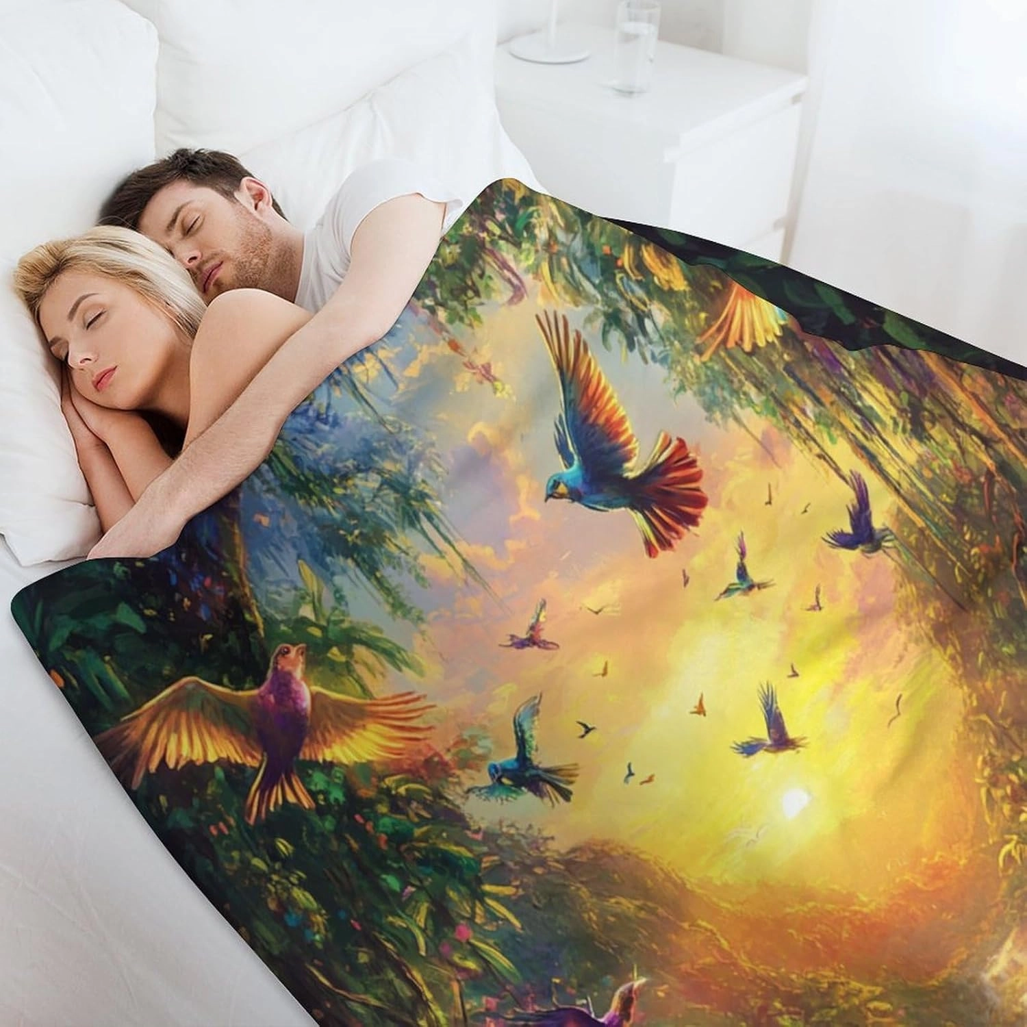 Colorful Parrot Bird Throw Blanket, Soft Cozy Warm Sunset Tropical Jungle Stream Flannel Blankets for Sofa Couch Bed, 60x80 Inch