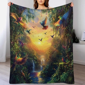 Colorful Parrot Bird Throw Blanket, Soft Cozy Warm Sunset Tropical Jungle Stream Flannel Blankets for Sofa Couch Bed, 60x80 Inch