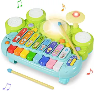 Costzon 3 in 1 Musical Toy, Electronic Xylophone with Game Drum, Kids' Drum & Percussion Instruments, Educational Piano Keyboard, Preschool Toy for Toddlers