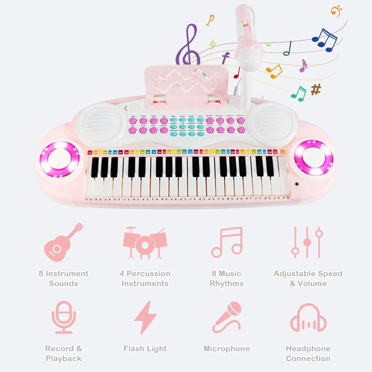 Costzon 37 Keys Electronic Keyboard Piano for Kids, Portable Musical Keyboard with Rhythm Light, Microphone, Recording, Music Stand, 8 Tone Keys, 4 Percussion Instruments (Pink)