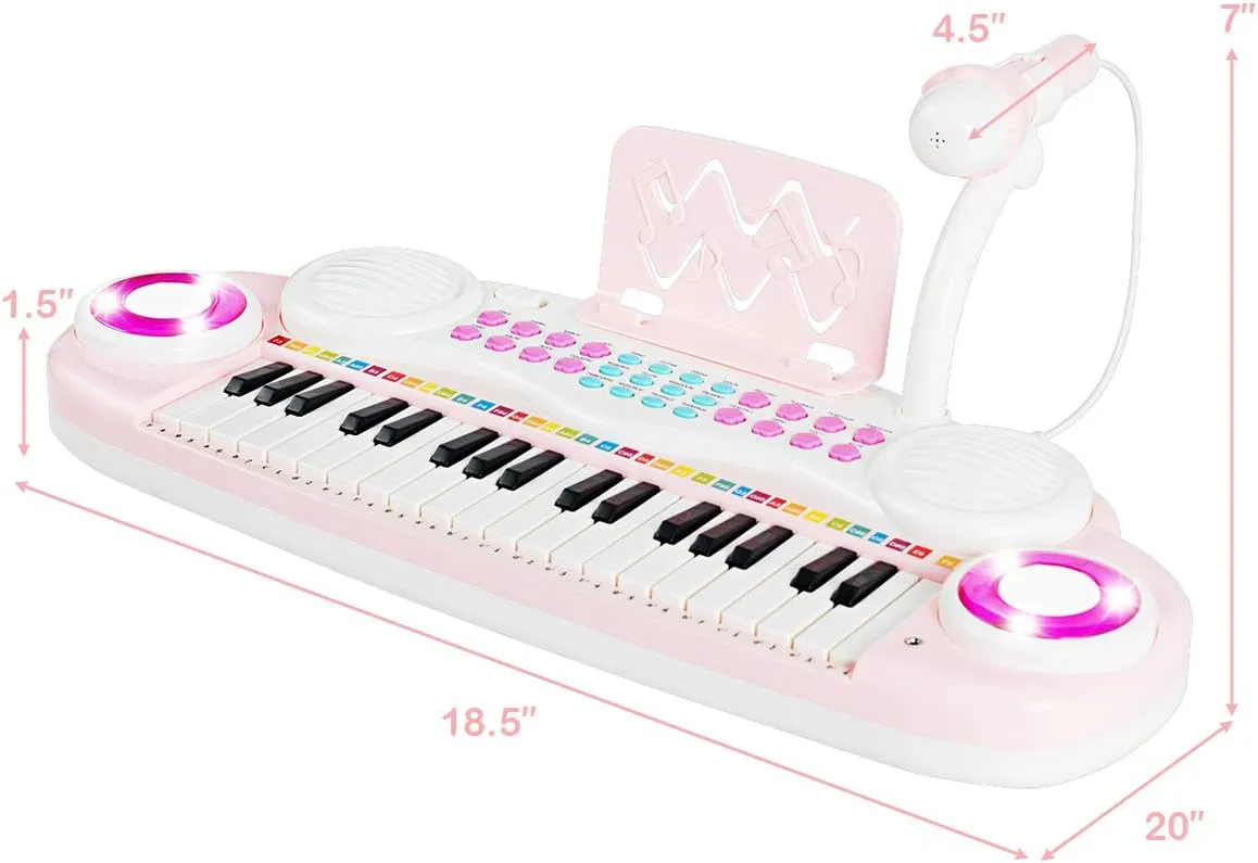 Costzon 37 Keys Electronic Keyboard Piano for Kids, Portable Musical Keyboard with Rhythm Light, Microphone, Recording, Music Stand, 8 Tone Keys, 4 Percussion Instruments (Pink)