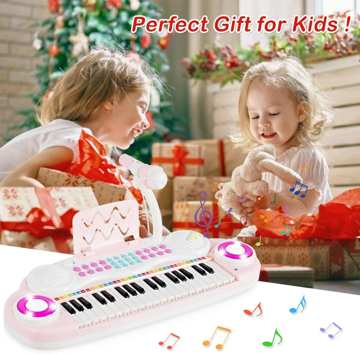 Costzon 37 Keys Electronic Keyboard Piano for Kids, Portable Musical Keyboard with Rhythm Light, Microphone, Recording, Music Stand, 8 Tone Keys, 4 Percussion Instruments (Pink)