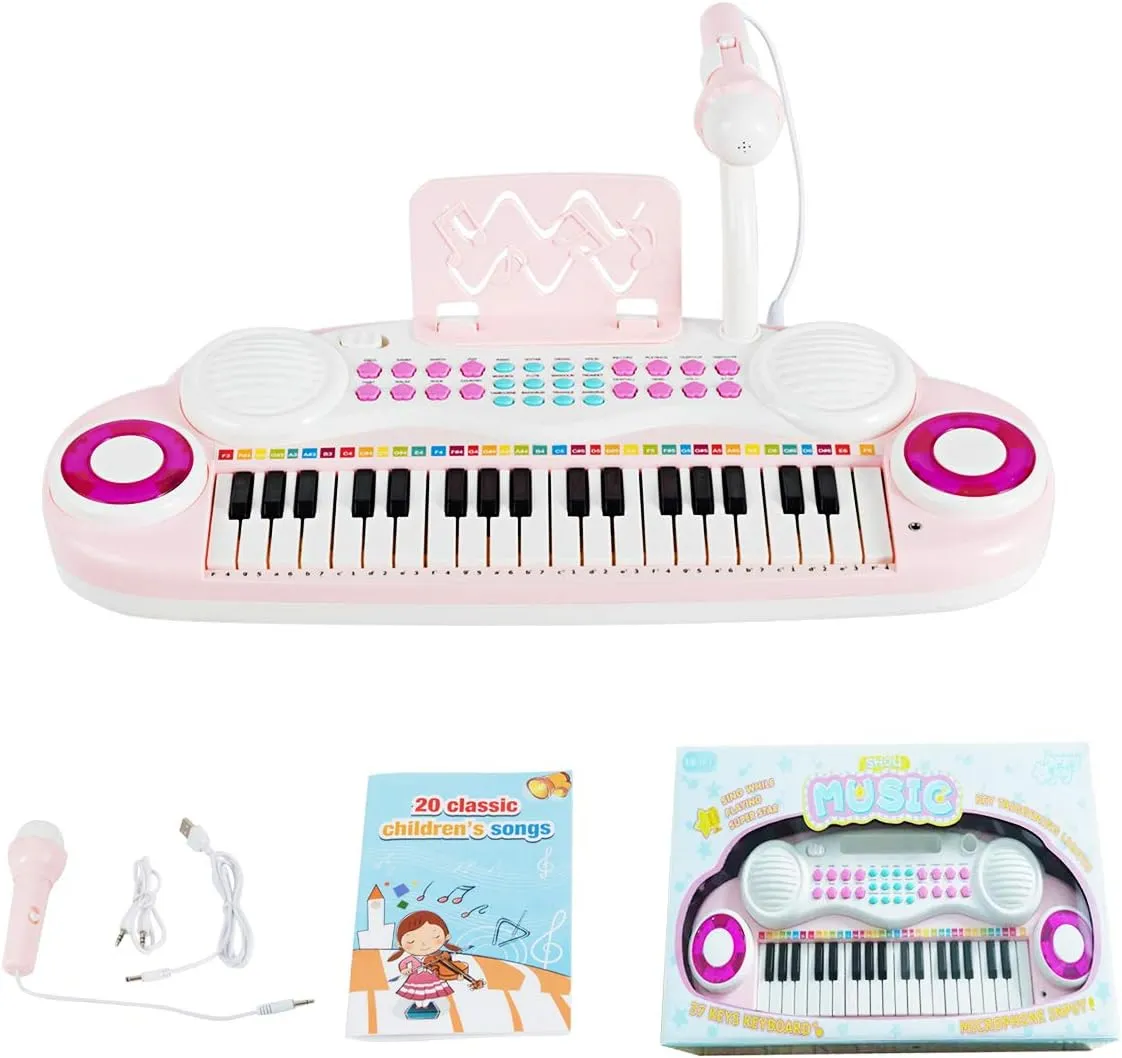Costzon 37 Keys Electronic Keyboard Piano for Kids, Portable Musical Keyboard with Rhythm Light, Microphone, Recording, Music Stand, 8 Tone Keys, 4 Percussion Instruments (Pink)