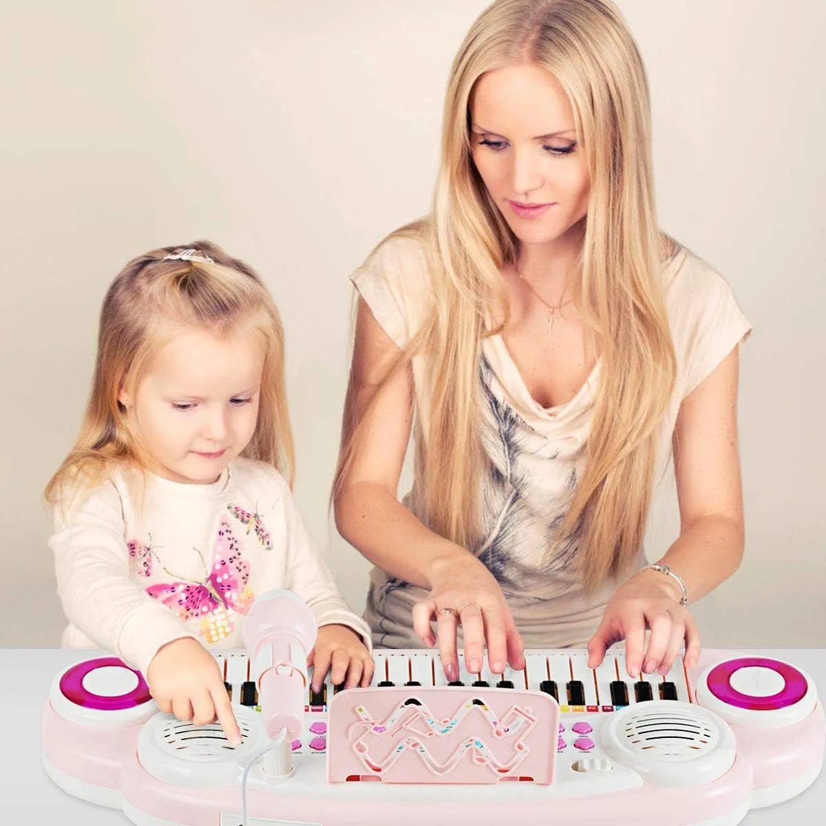 Costzon 37 Keys Electronic Keyboard Piano for Kids, Portable Musical Keyboard with Rhythm Light, Microphone, Recording, Music Stand, 8 Tone Keys, 4 Percussion Instruments (Pink)