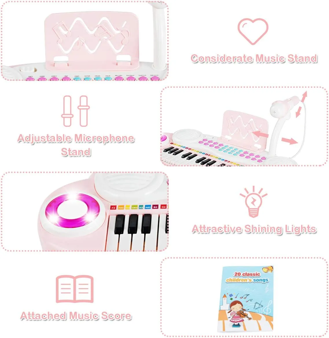 Costzon 37 Keys Electronic Keyboard Piano for Kids, Portable Musical Keyboard with Rhythm Light, Microphone, Recording, Music Stand, 8 Tone Keys, 4 Percussion Instruments (Pink)