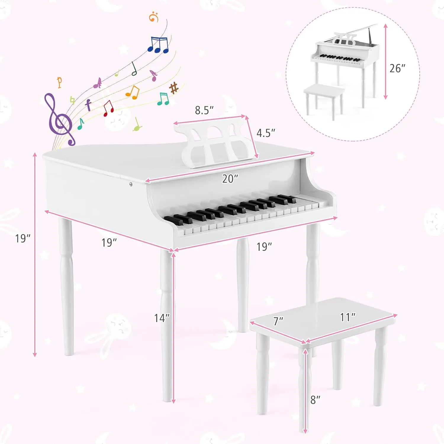 Costzon Classical Kids Piano, 30 Keys Wood Toy Grand Piano with Music Stand and Bench, Mini Musical Toy for Child, Ideal for Children's Room, Toy Room, Best Gifts (4 Straight Leg, White)
