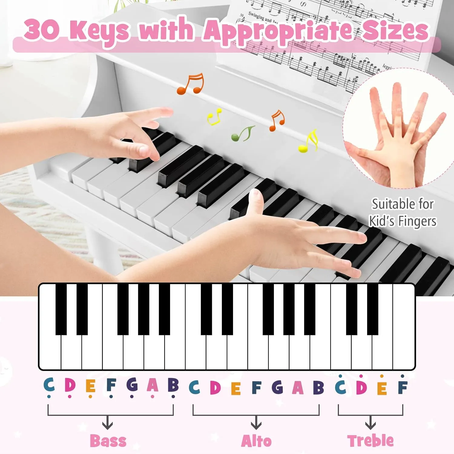 Costzon Classical Kids Piano, 30 Keys Wood Toy Grand Piano with Music Stand and Bench, Mini Musical Toy for Child, Ideal for Children's Room, Toy Room, Best Gifts (4 Straight Leg, White)