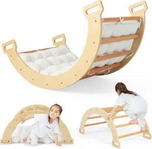 Costzon Wooden Arch Rocker with Cushion, 3-in-1 Montessori Climbing Toys for Toddlers, Children Indoor Outdoor Playground Climbing Gym Learning Playset, Arch Climber Ladder for Kids Gift Presents