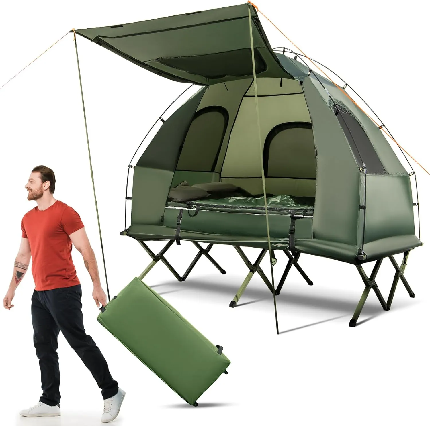 Cot Tent, 5-in-1 Elevated Camping Cot Combo with Air Mattress & Pillow, Sleeping Bag, Outdoor Single Camping Bed for Adults, Portable Tent Cots for Camping, Hiking, Backpack Travel