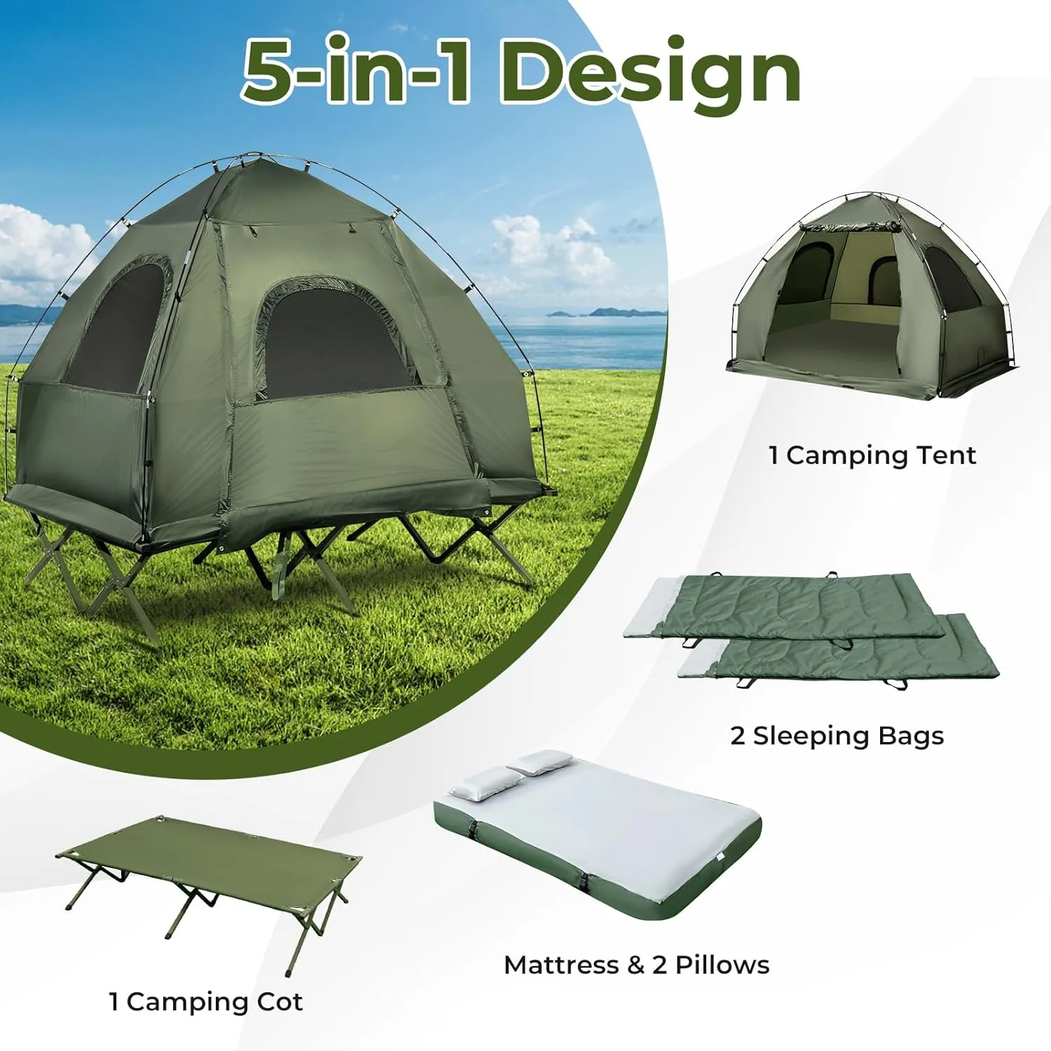 Cot Tent, 5-in-1 Elevated Camping Cot Combo with Air Mattress & Pillow, Sleeping Bag, Outdoor Single Camping Bed for Adults, Portable Tent Cots for Camping, Hiking, Backpack Travel
