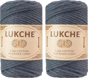 Cotton Braided Macrame Cord 3mm x 93yards (279 Feet), Colored Cotton Rope, Macrame Yarn, Colorful Cotton Craft Cord for Wall Hanging, Plant Hangers, Crafts, Knitting, (Dark Grey, 3mm 2 Skein)