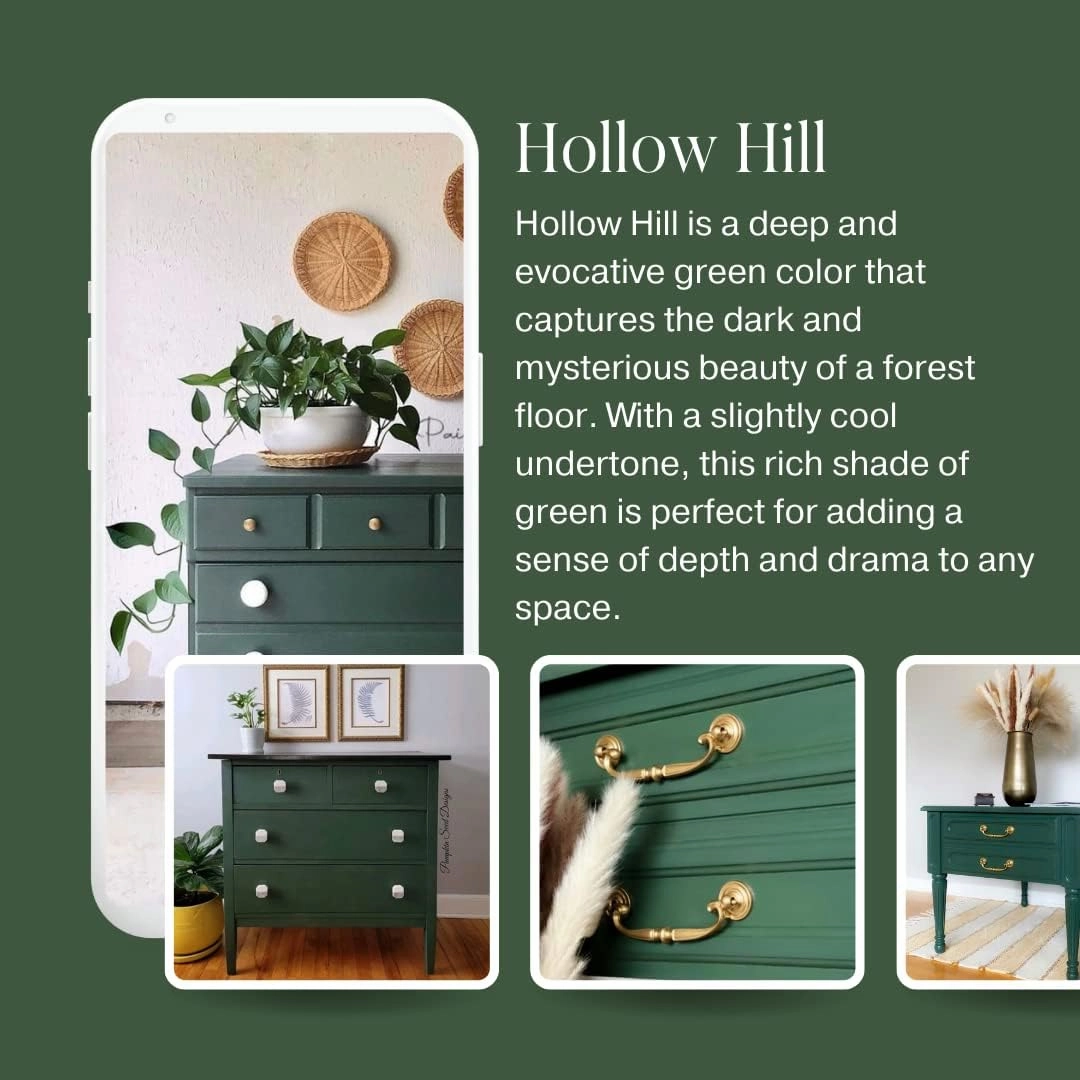 Country Chic All-in-One Chalk Paint for Furniture, Cabinets, Home Decor, Eco-Friendly, Matte Finish, Built-In Primer & Top Coat for Wood, Metal - Hollow Hill (Dark Green) - Pint 16 oz (475 ml)