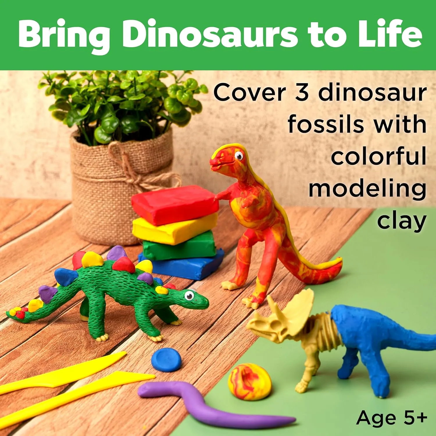 Creativity for Kids Create with Clay Dinosaurs: Craft 3 Dinosaur Toys for Kids Activities, Sensory Craft Kit for Kids Ages 5-8 , Dinosaur Gifts & Kids Toy