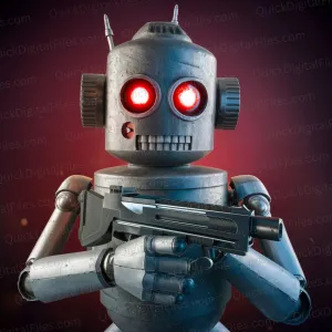 Creepy Robot with Red Eyes Holding a Gun: PNG