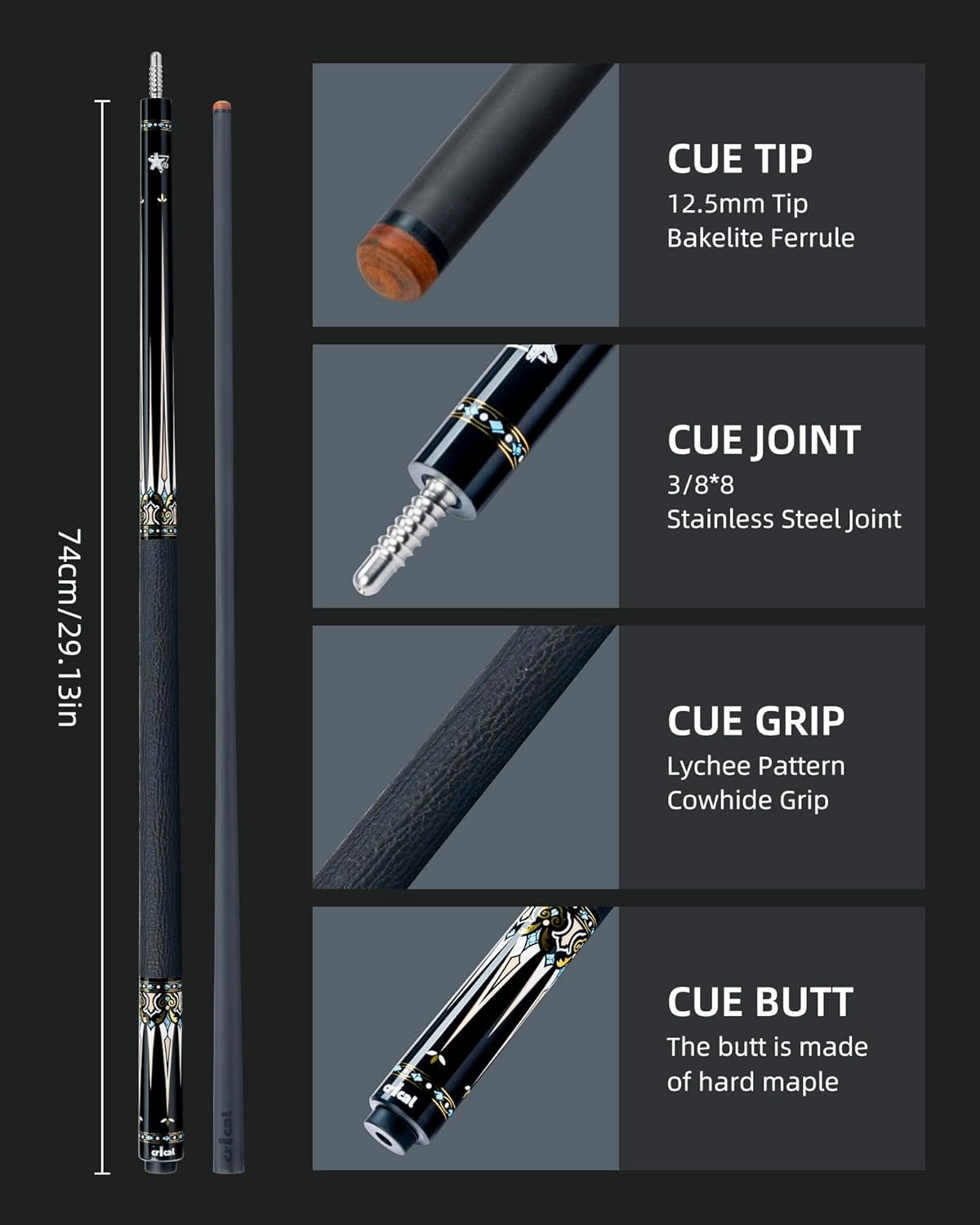 CRICAL Carbon Fiber Pool Cue Stick CXD Series Professional Pool Sticks for Adults Low Deflection Pool Cue Billiard Cues with 12.5mm Tip (Precise, Easy to Control, Pro Taper)