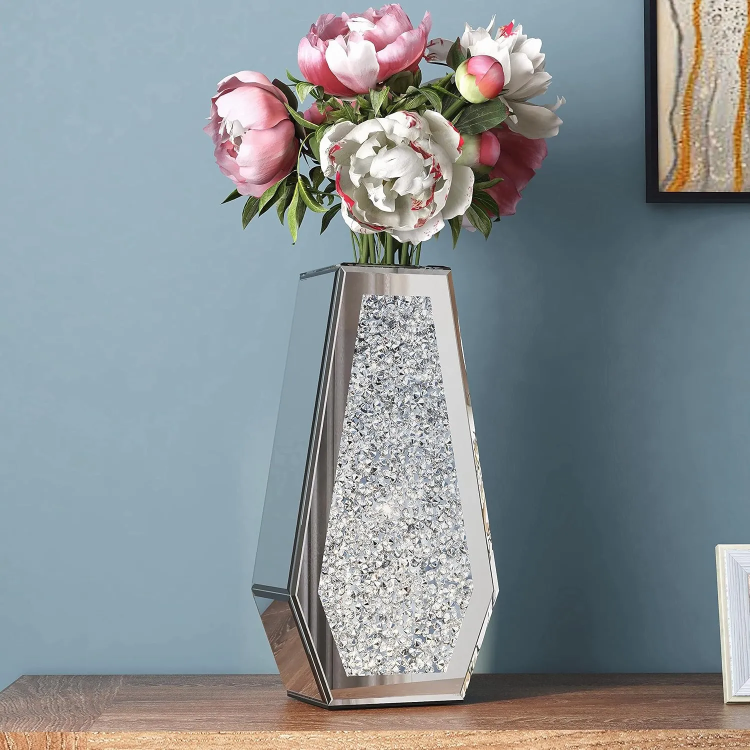 Crushed Diamond Mirrored Flower Vase Large Glass Vase Modern Crystal Decorative Mirror Vases Stunning Luxury Tall Floor Vase for Centerpieces Flowers Home Decor, Silver, 14" H. Can’t Hold Water.