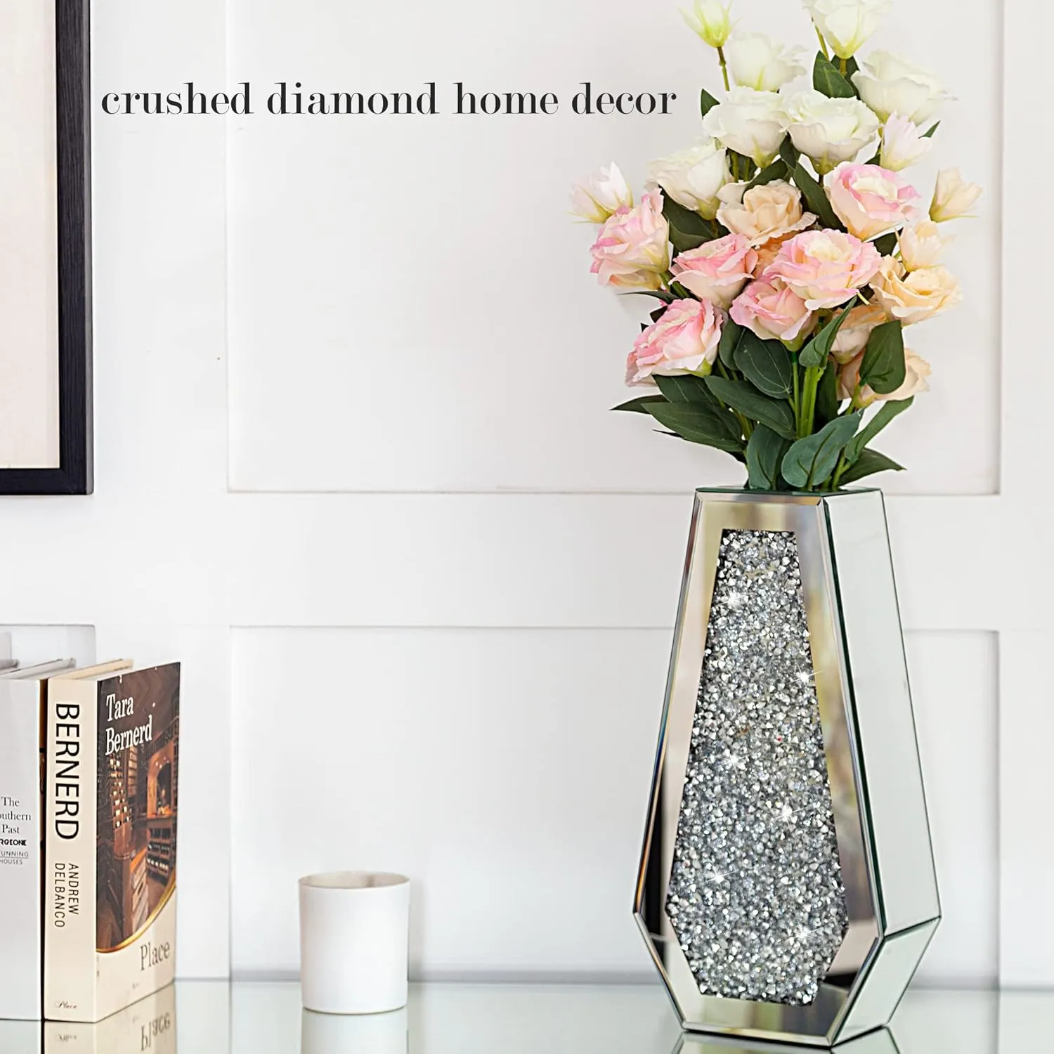 Crushed Diamond Mirrored Flower Vase Large Glass Vase Modern Crystal Decorative Mirror Vases Stunning Luxury Tall Floor Vase for Centerpieces Flowers Home Decor, Silver, 14" H. Can’t Hold Water.